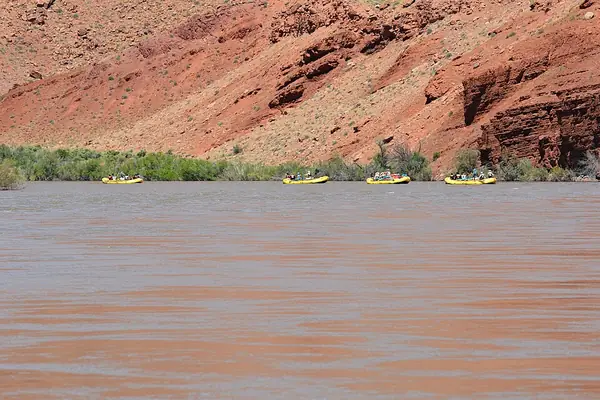 Four yellow rafts floating on a wide river beneath red canyon cliffs
